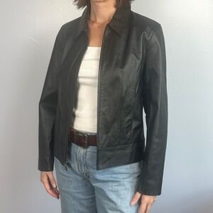Classic Full Zip Leather Jacket Women's M Black Minimalist Collared